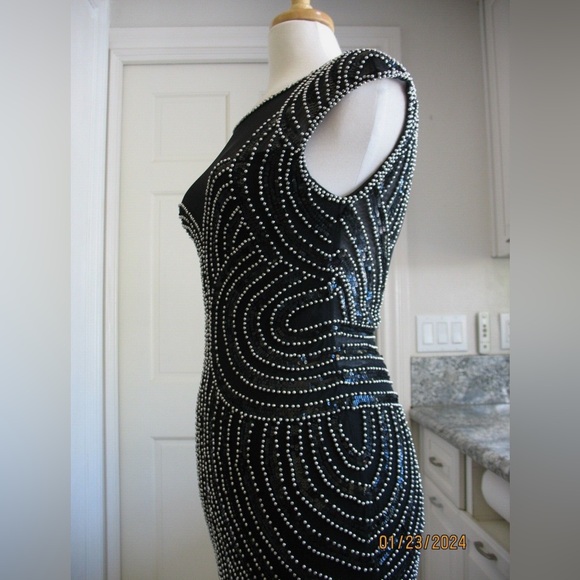 Parker Black Fully Beaded Art Deco Evening Gown Mesh Illusion Maxi Dress Size 4 - Picture 7 of 14